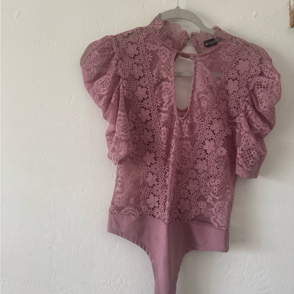 Pink Ruffled Bodysuit with Mandarin Collar